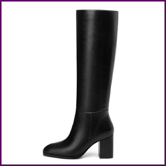 Knee High Boots Chunky Heel Square Toe 3 Inch Side Zipper Tall Boots - Picture 2 of 7